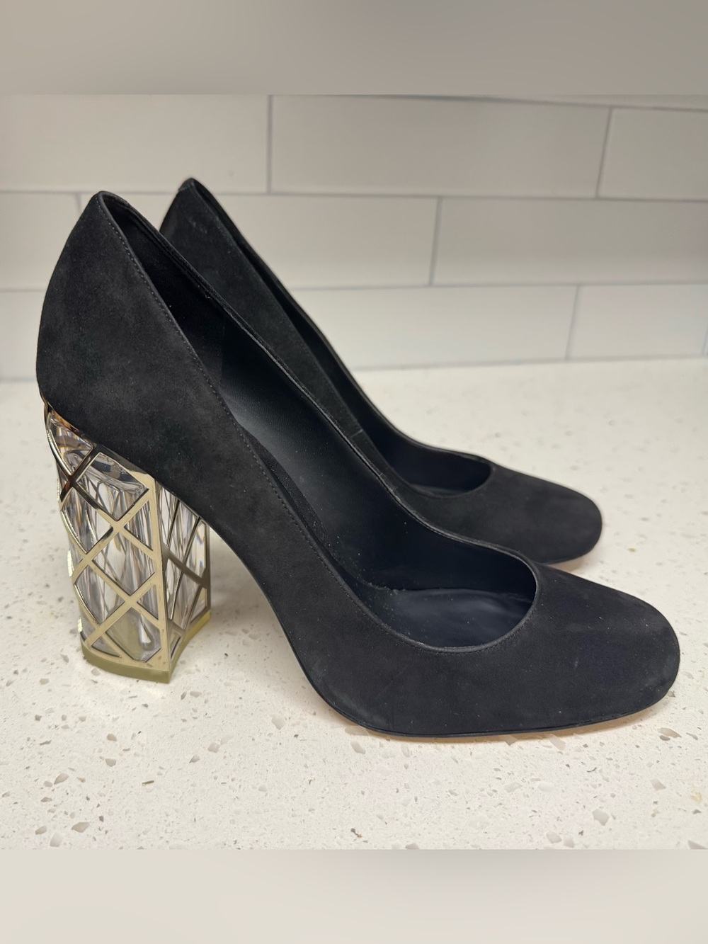 Karl Lagerfeld Paris "Suede Clear Block Heels"/"Caged Lucite Heel Pumps" in box.